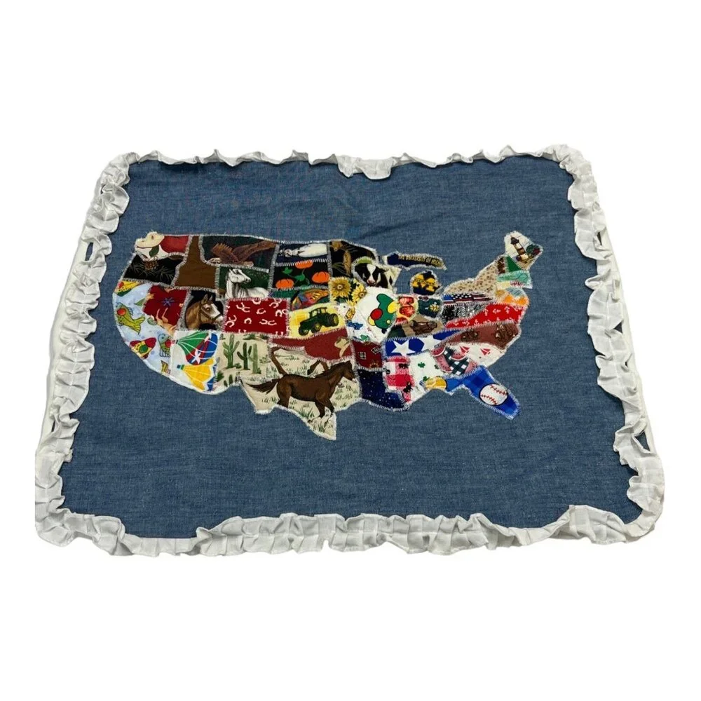 VintageHand Made Standard Pillow Sham US Map‎ Fabric State Patchwork Ruffle